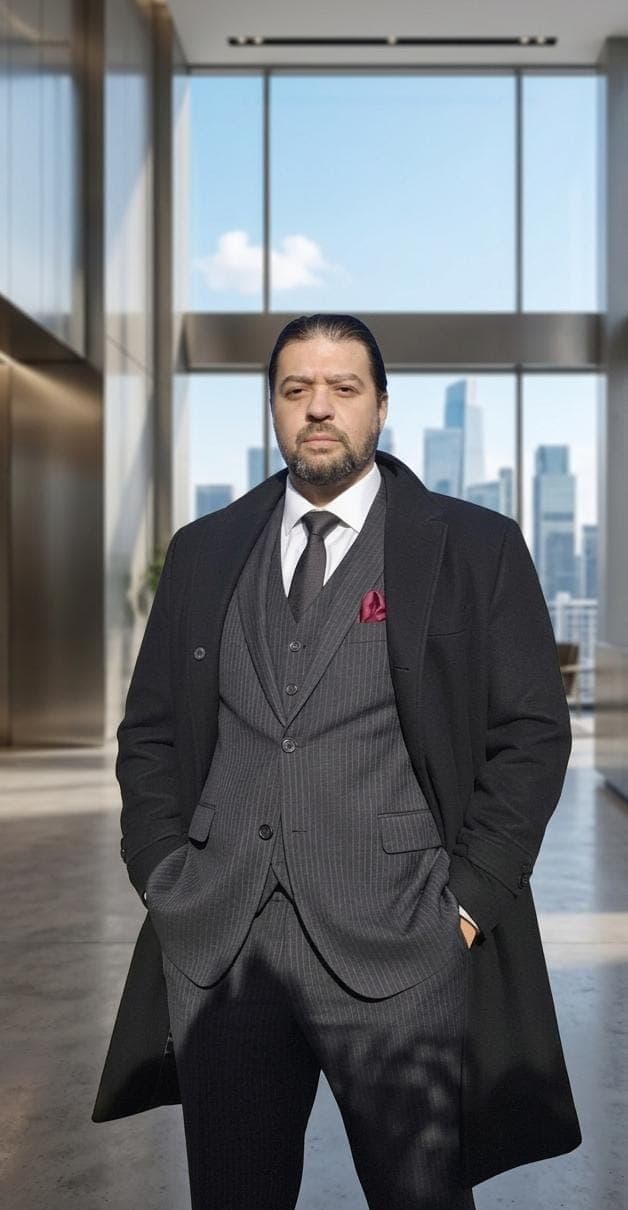 Ahmed Elfouly, founder of The Godfather Group, in a pinstripe three-piece suit and overcoat, standing in a glass-walled office above the city skyline