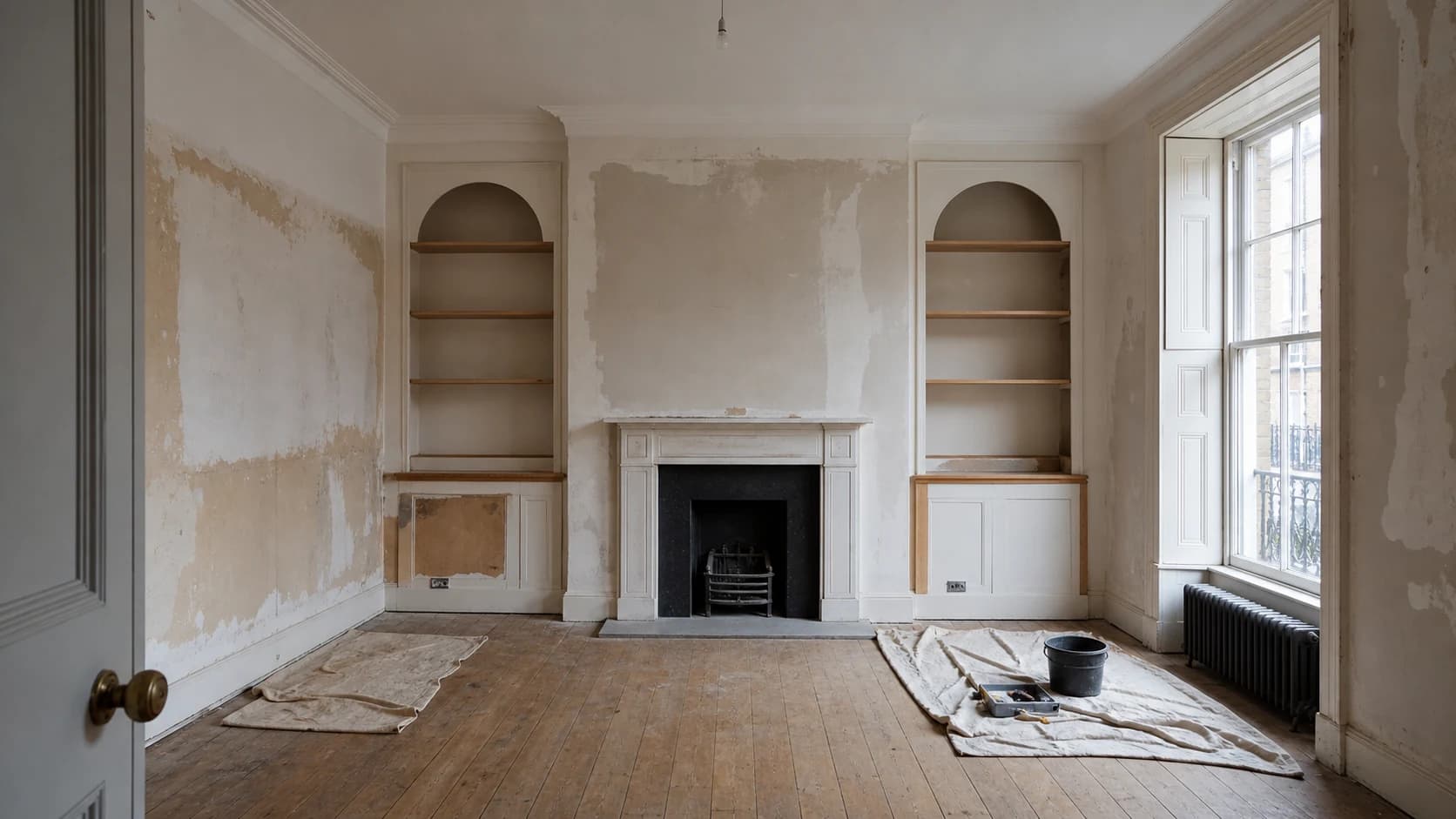 The same London living room prepared for refurbishment